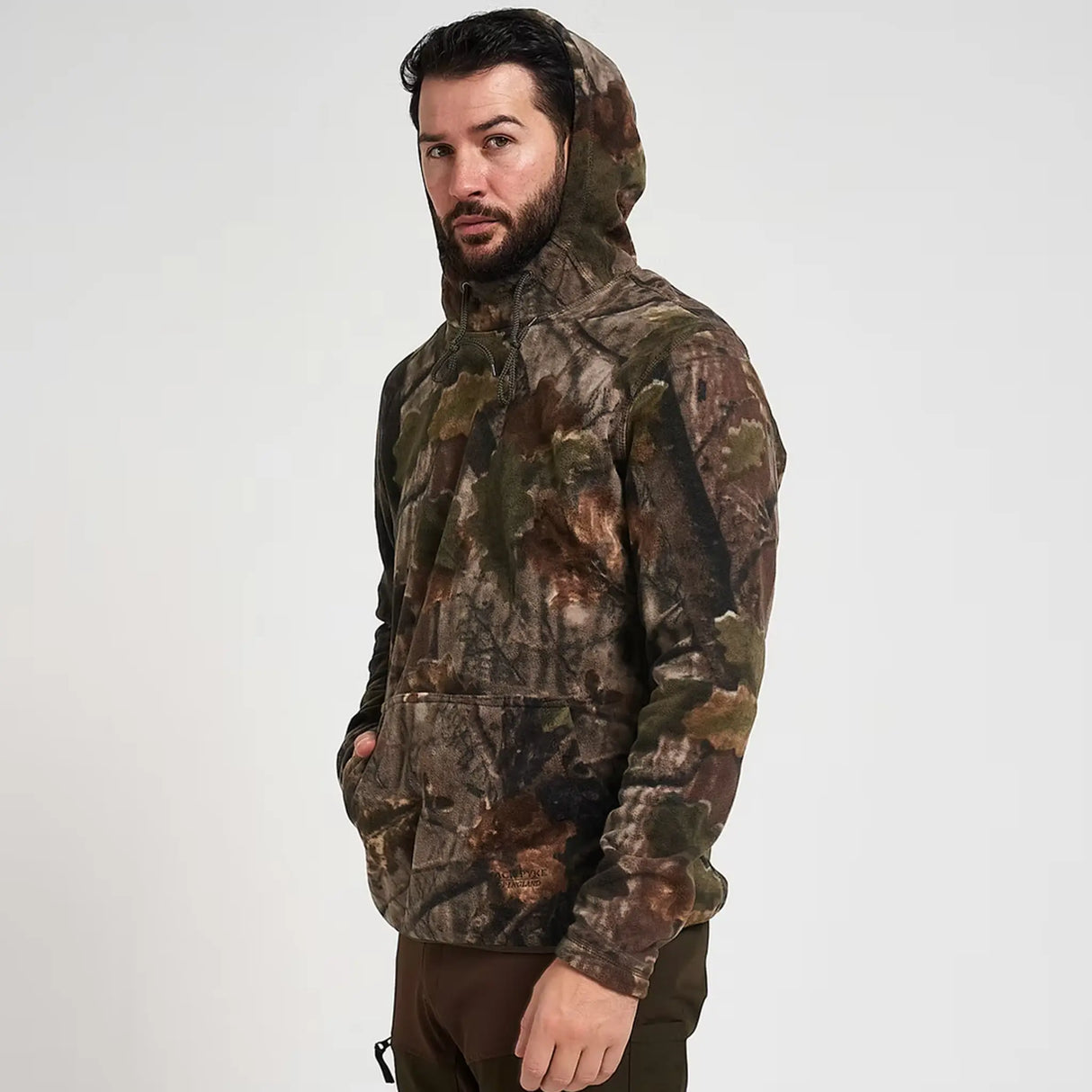 Jack Pyke Fieldman Fleece Hoodie in English Oak Evo Camo from the front left with hood on white background