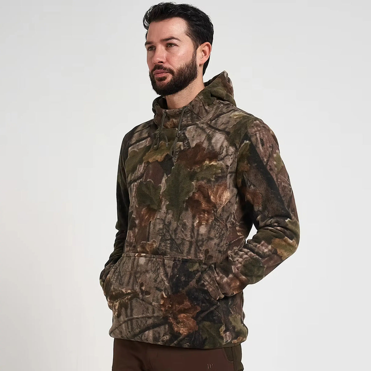 Jack Pyke Fieldman Fleece Hoodie in English Oak Evo Camo from the front left on white background