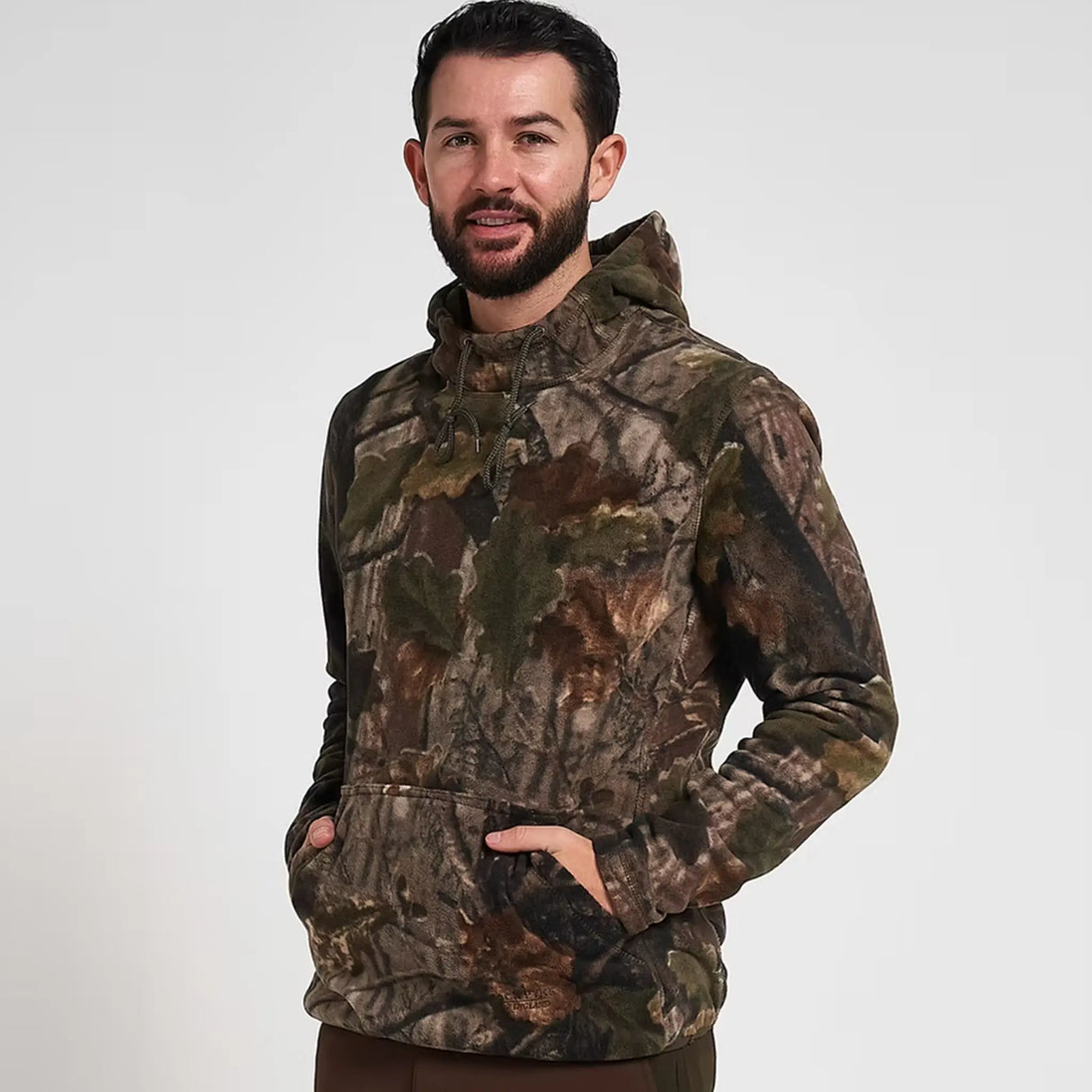 Jack Pyke Fieldman Fleece Hoodie in English Oak Evo Camo from the front left with hood down on white background