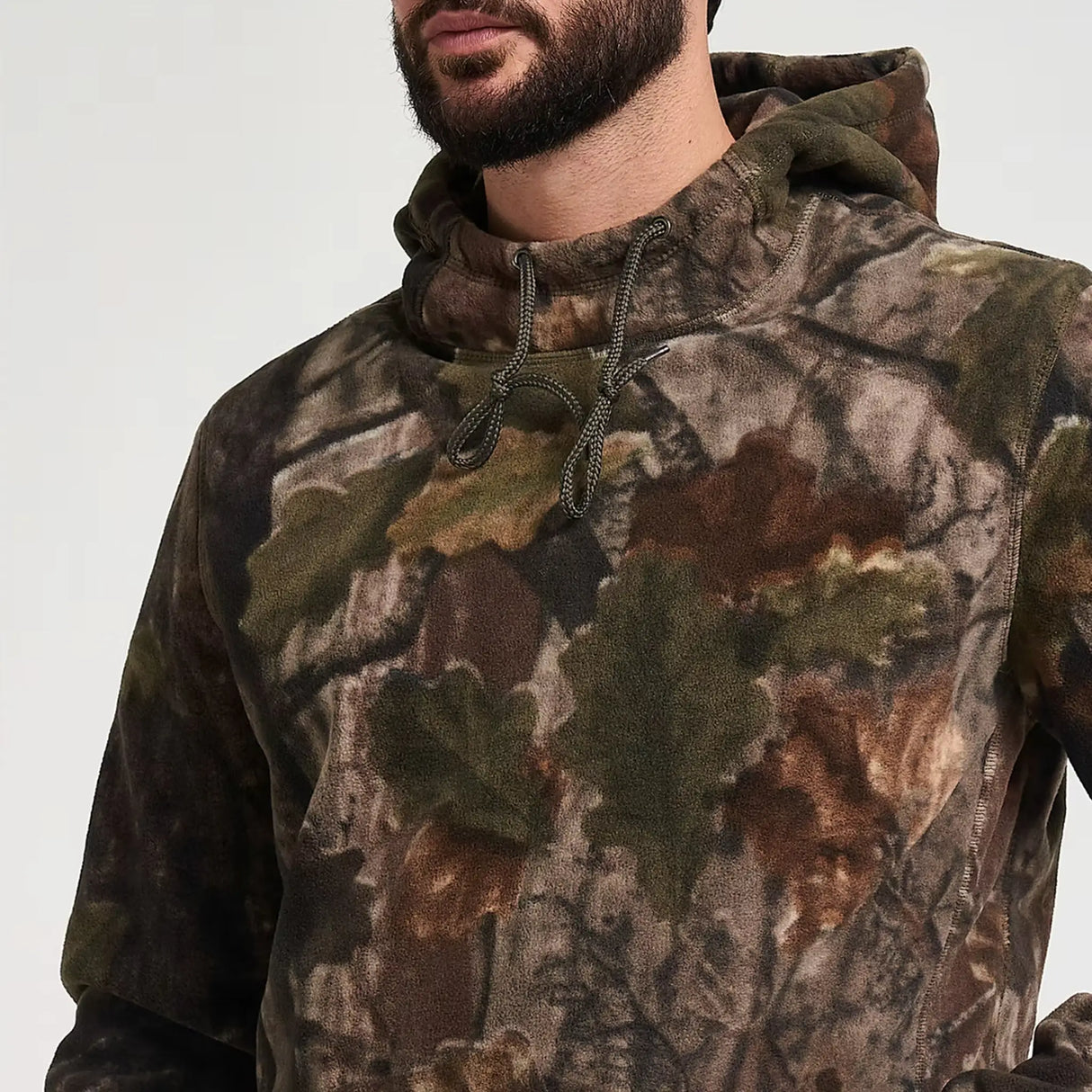 Jack Pyke Fieldman Fleece Hoodie in English Oak Evo Camo close up of chest with drawcords
