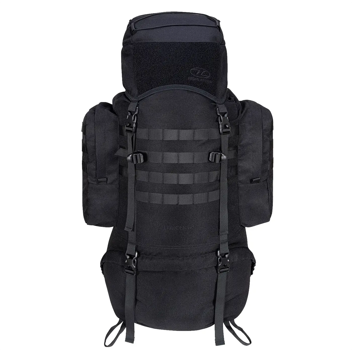Highlander Forces Elite 66 Tactical Rucksack 66L in black from the front