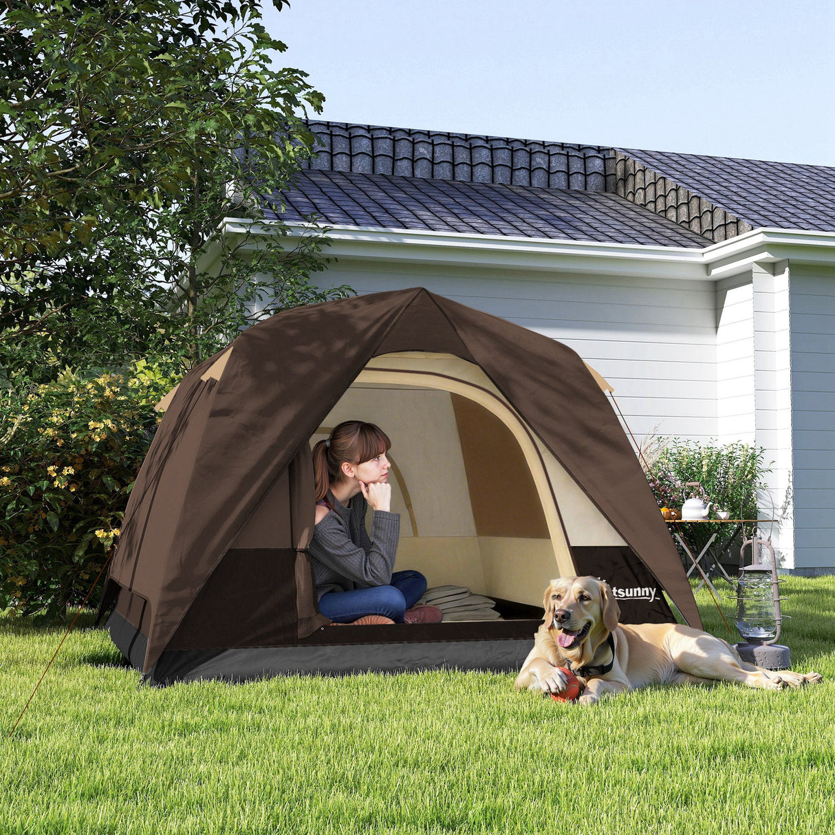 Outsunny 3-4 Person Camping Tent - Brown & Khaki alternate front angle
