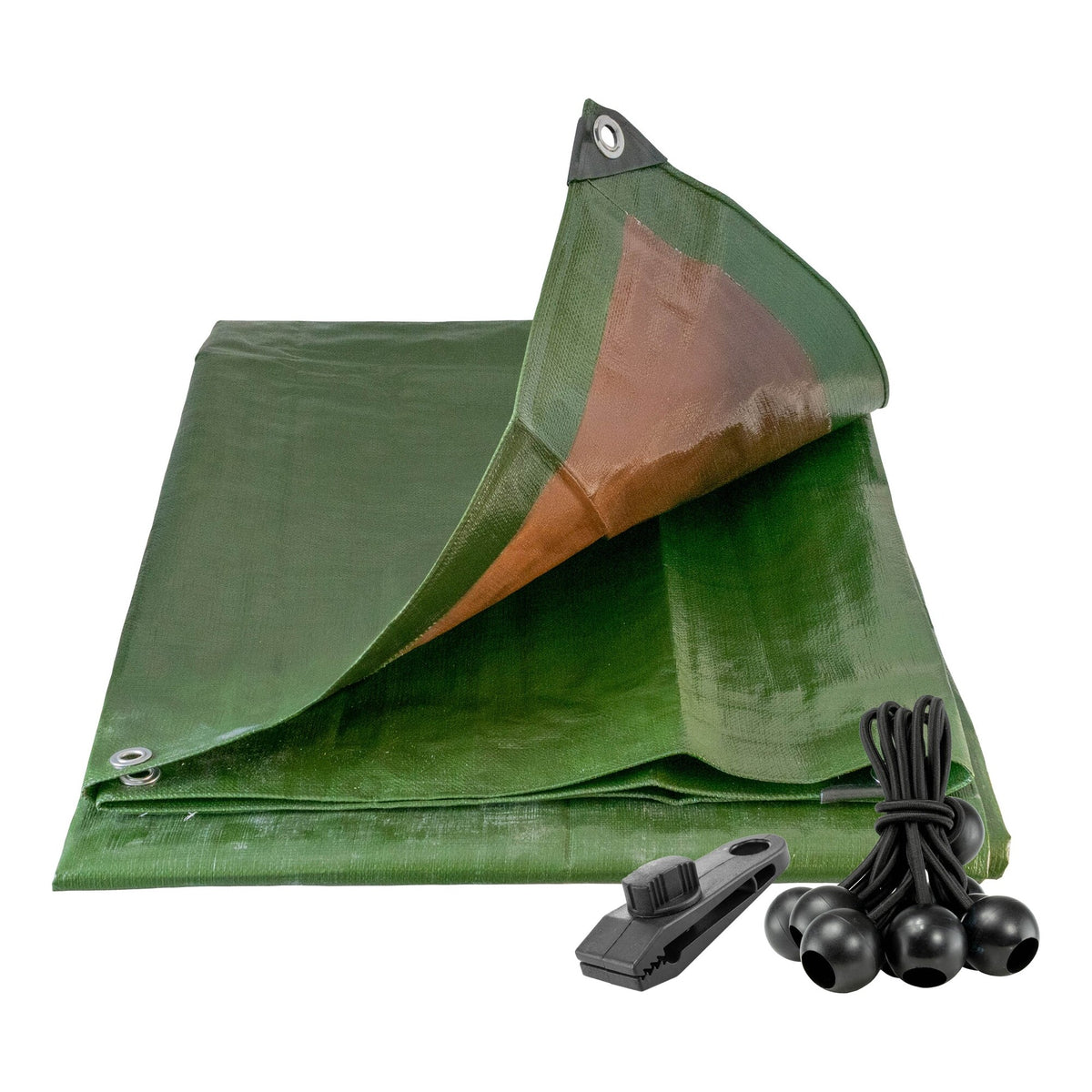 Green/Brown L-Grade Tarpaulin with 10 x 6" Bungee Balls (Black) and 10 x Screw Type Tarp Clips with black bungee balls and a screw-type tarp clip