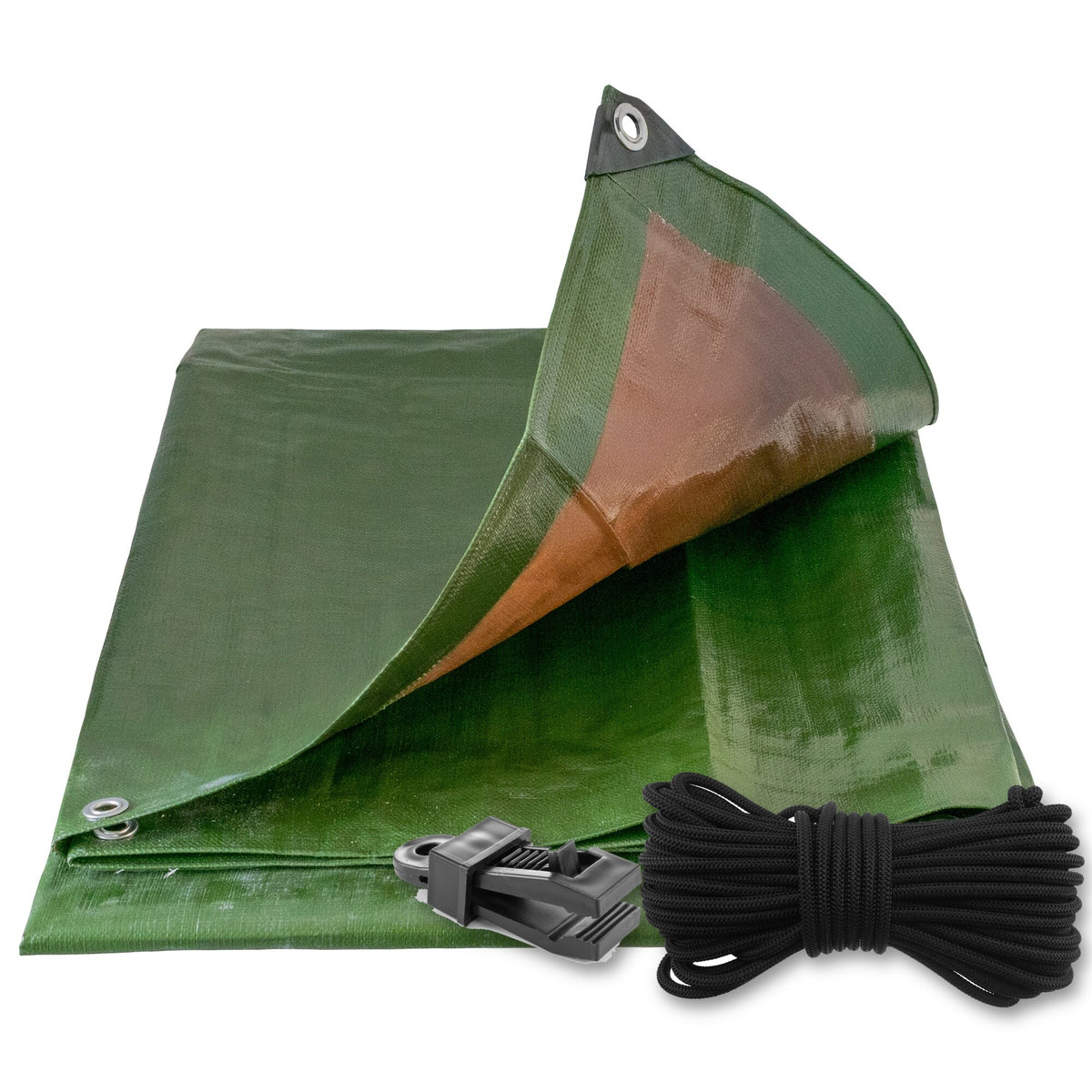 Green/Brown L-Grade Tarpaulin with 10m of 6mm Bungee Rope and 10 x Slide Type Tarp Clips with a coil of bungee rope and a slide-type tarp clip