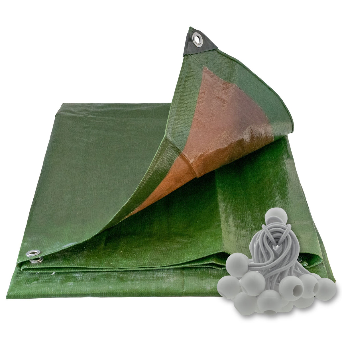 Green/Brown L-Grade Tarpaulin with 20 x 4" Bungee Balls (White) with a bundle of white bungee balls