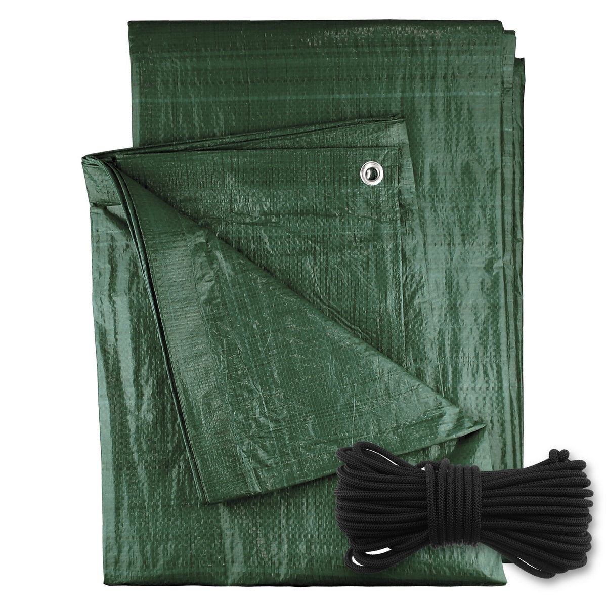 Green M-Grade Tarpaulin with 10m of 6mm Bungee Rope with a coil of black bungee rope