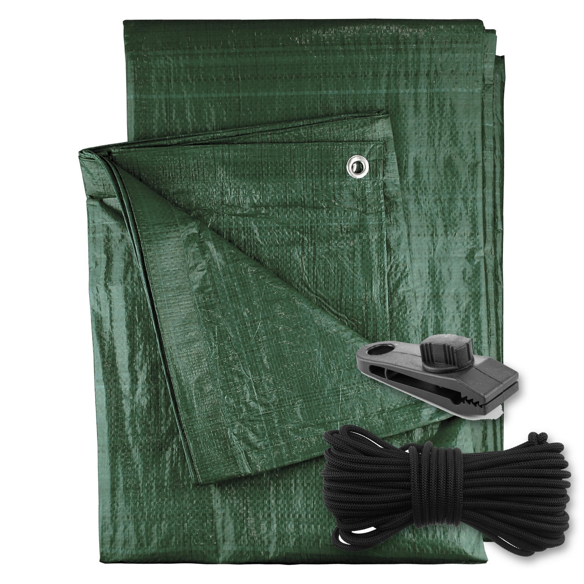 Green M-Grade Tarpaulin with 10m of 6mm Bungee Rope and 10 x Screw Type Tarp Clips with a coil of bungee rope and a screw-type tarp clip