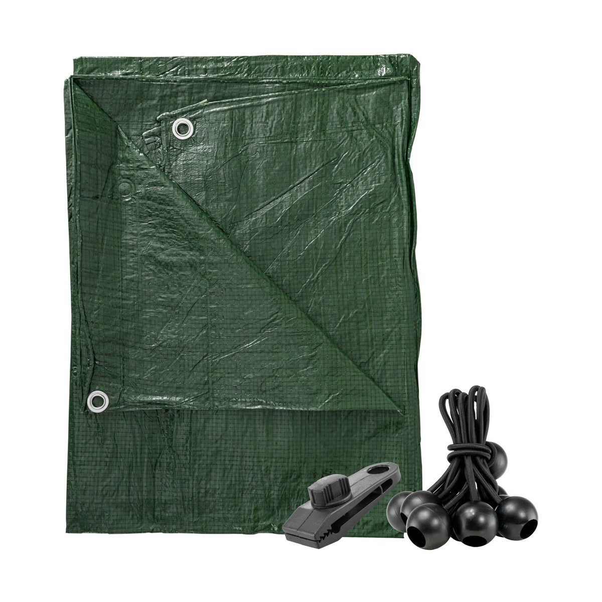 Green S-Grade Tarpaulin with 10 x 6" Bungee Balls (Black) and 10 x Screw Type Tarp Clips folded with black bungee balls and a screw-type tarp clip