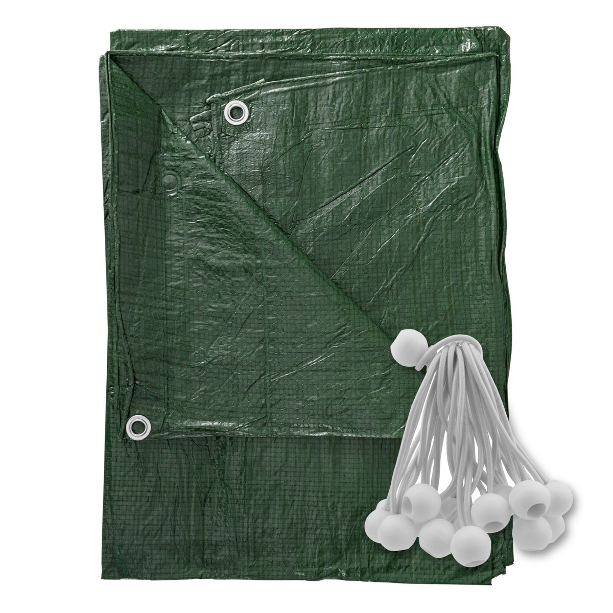 Green S-Grade Tarpaulin with 20 x 6" Bungee Balls (White) folded with a bundle of white bungee balls