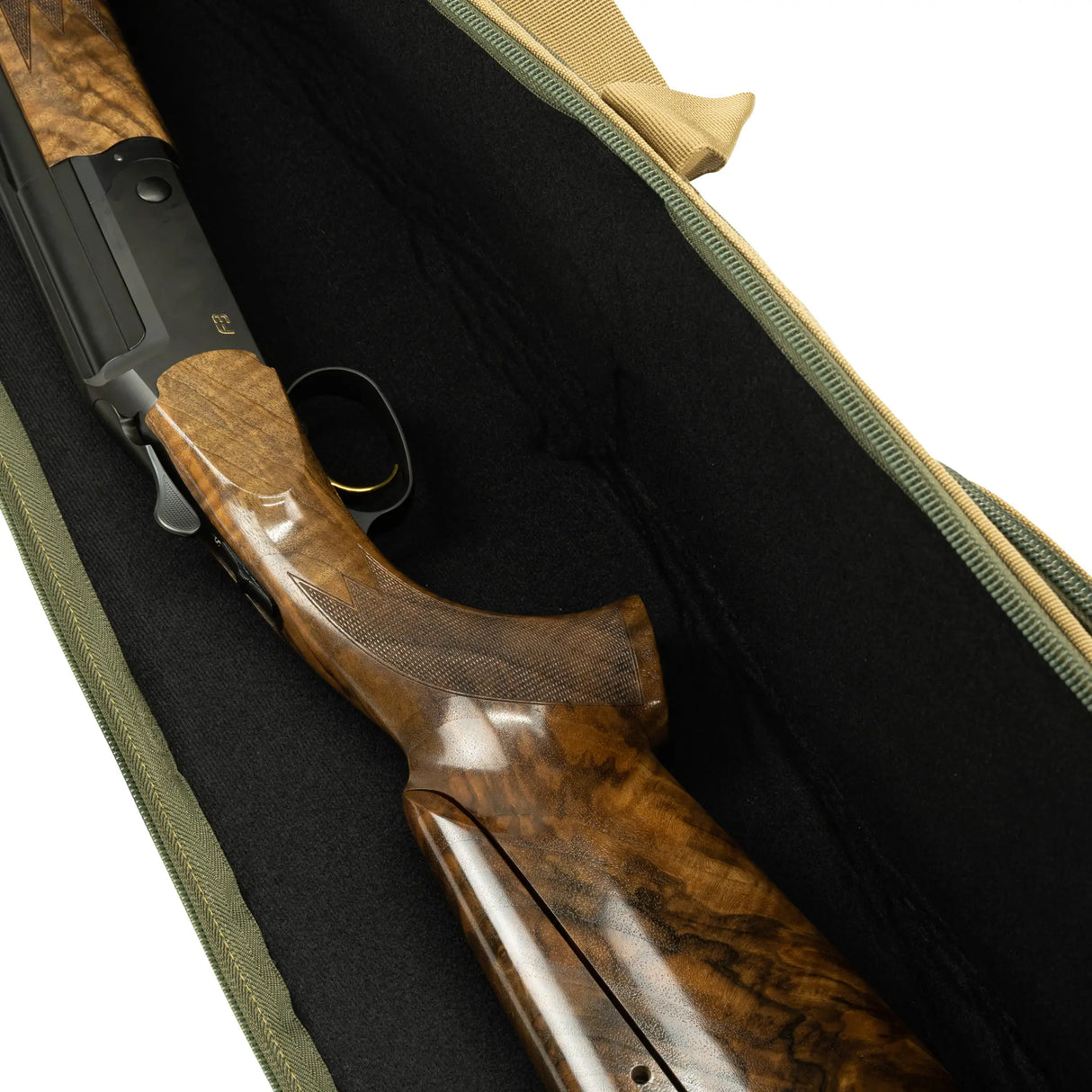 Jack Pyke Sporting Gun Slip in green open with shotgun on white background