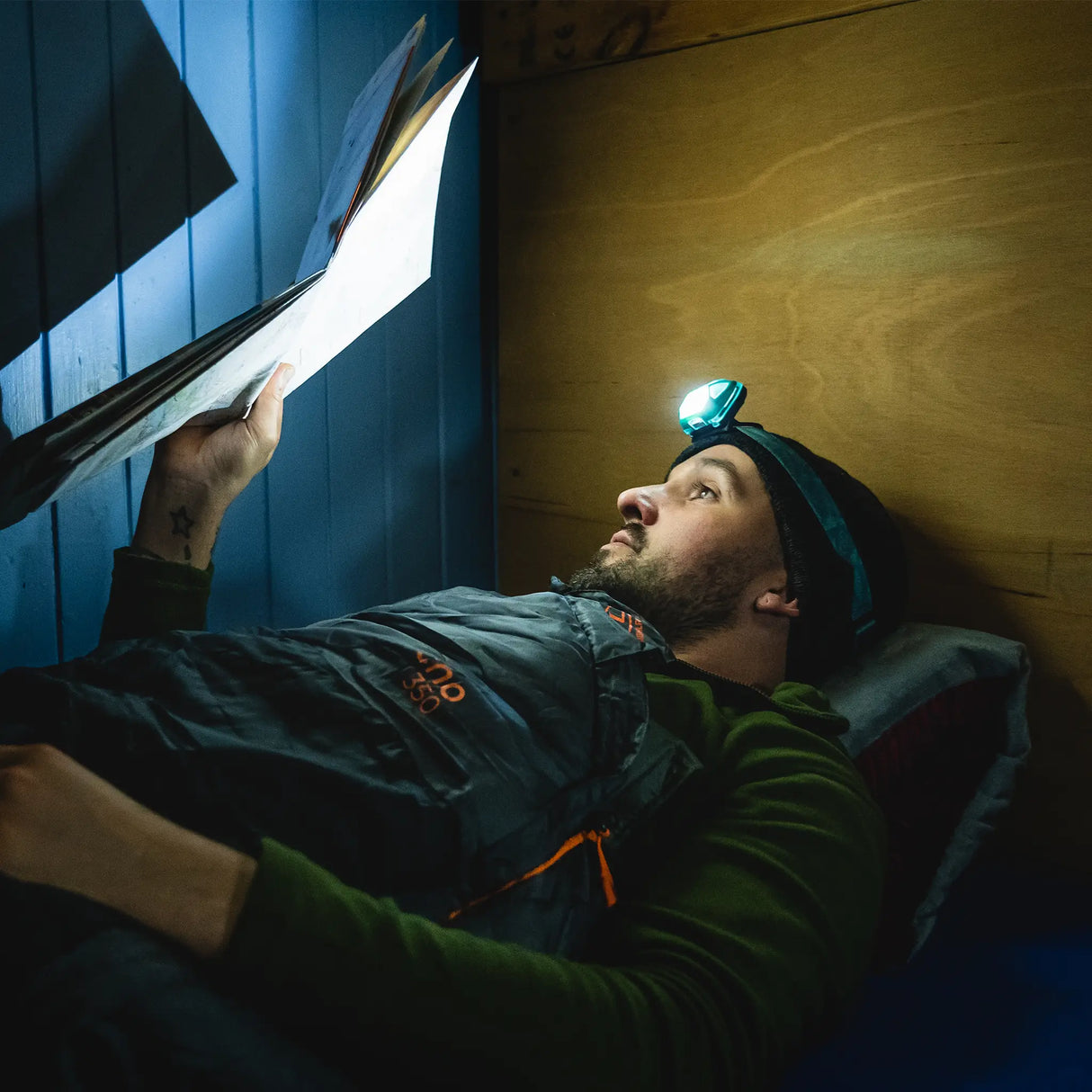 Highlander Hadar Rechargeable Head Torch in the outdoors for camping