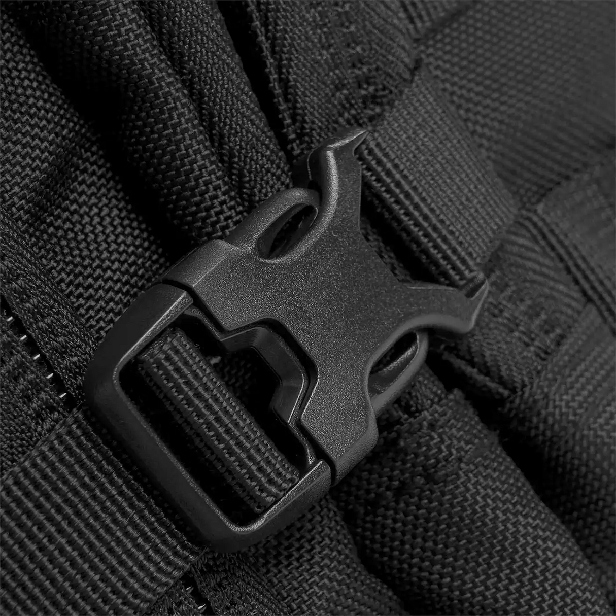 Highlander Harrier 45L MOLLE Rucksack in Black close up of Quick Release Buckle
