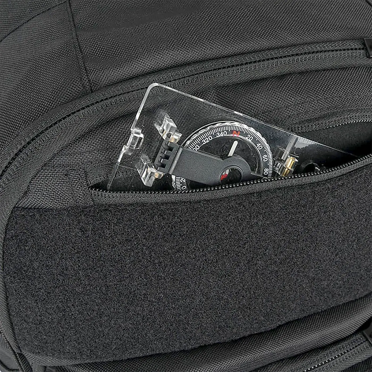 Highlander Harrier 45L MOLLE Rucksack in Black close up of external zip pocket