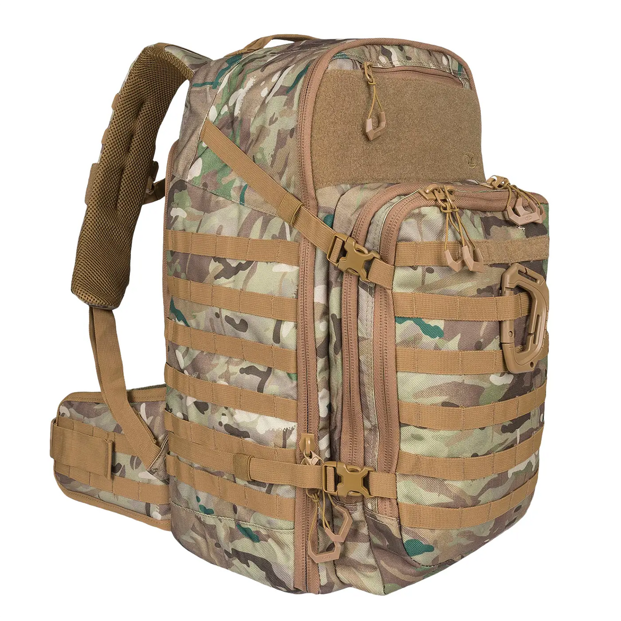 Highlander Harrier 45L MOLLE Rucksack in HMTC camo from the front left on white background