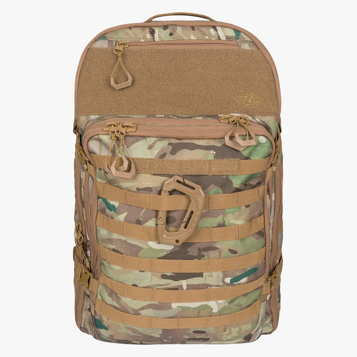 Highlander Harrier 45L MOLLE Rucksack in HMTC camo from the front on white background