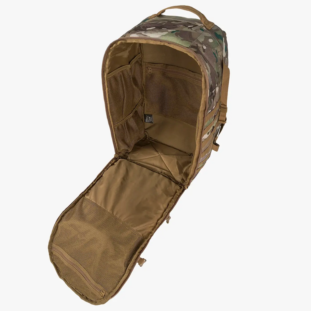 Highlander Harrier 45L MOLLE Rucksack in HMTC camo with clamshell opening on white background