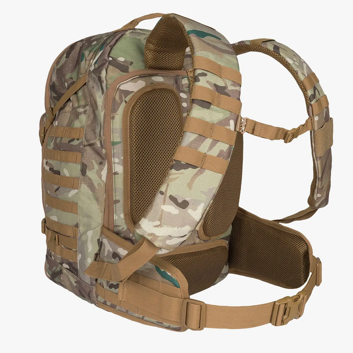 Highlander Harrier 45L MOLLE Rucksack in HMTC camo from the rear on white background