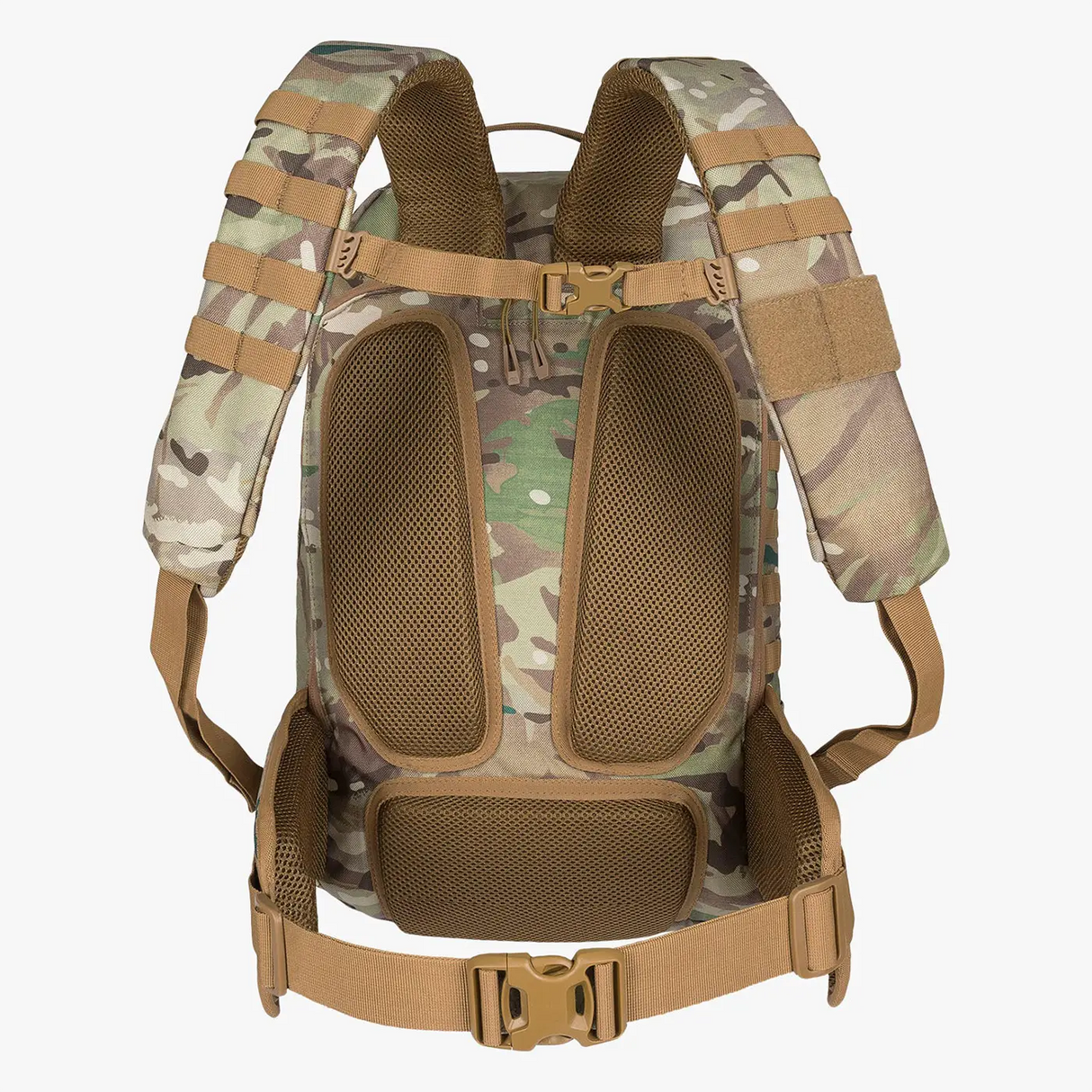 Highlander Harrier 45L MOLLE Rucksack in HMTC camo back system on white background
