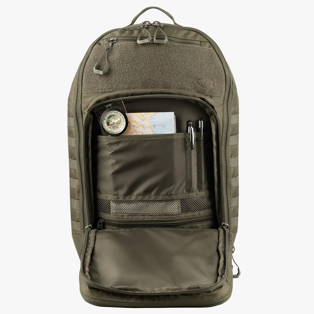 Highlander Harrier 45L MOLLE Rucksack in ranger green admin pocket open on white background
