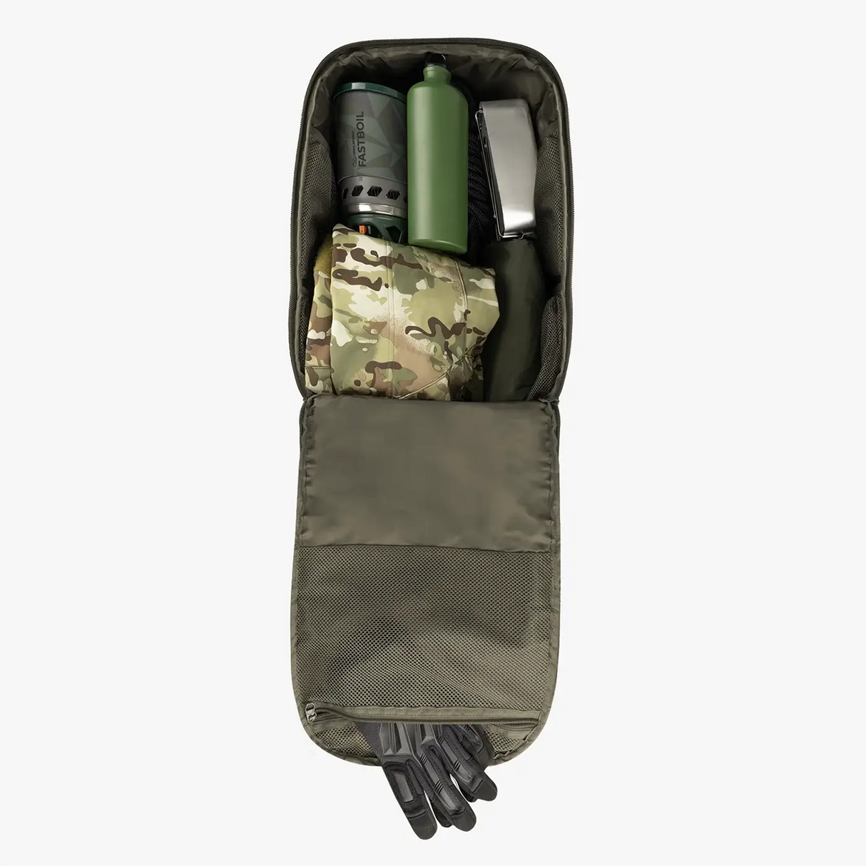 Highlander Harrier 45L MOLLE Rucksack in ranger green showing clamshell opening on white background