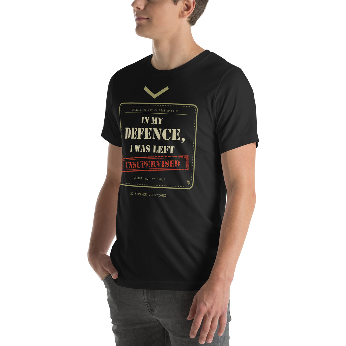 In My Defence, I Was Left Unsupervised T-Shirt in Vintage Black, worn by a model, angled left view