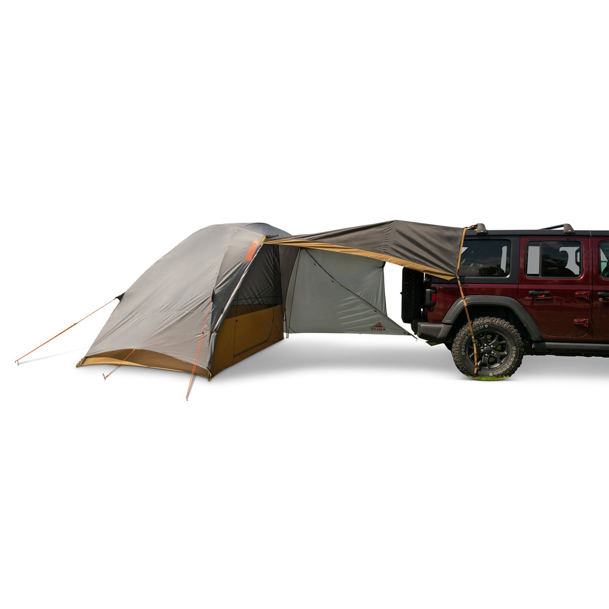 Kelty Caboose 4 Vehicle Tent - Smoke Beluga Dull Gold pitched with awning
