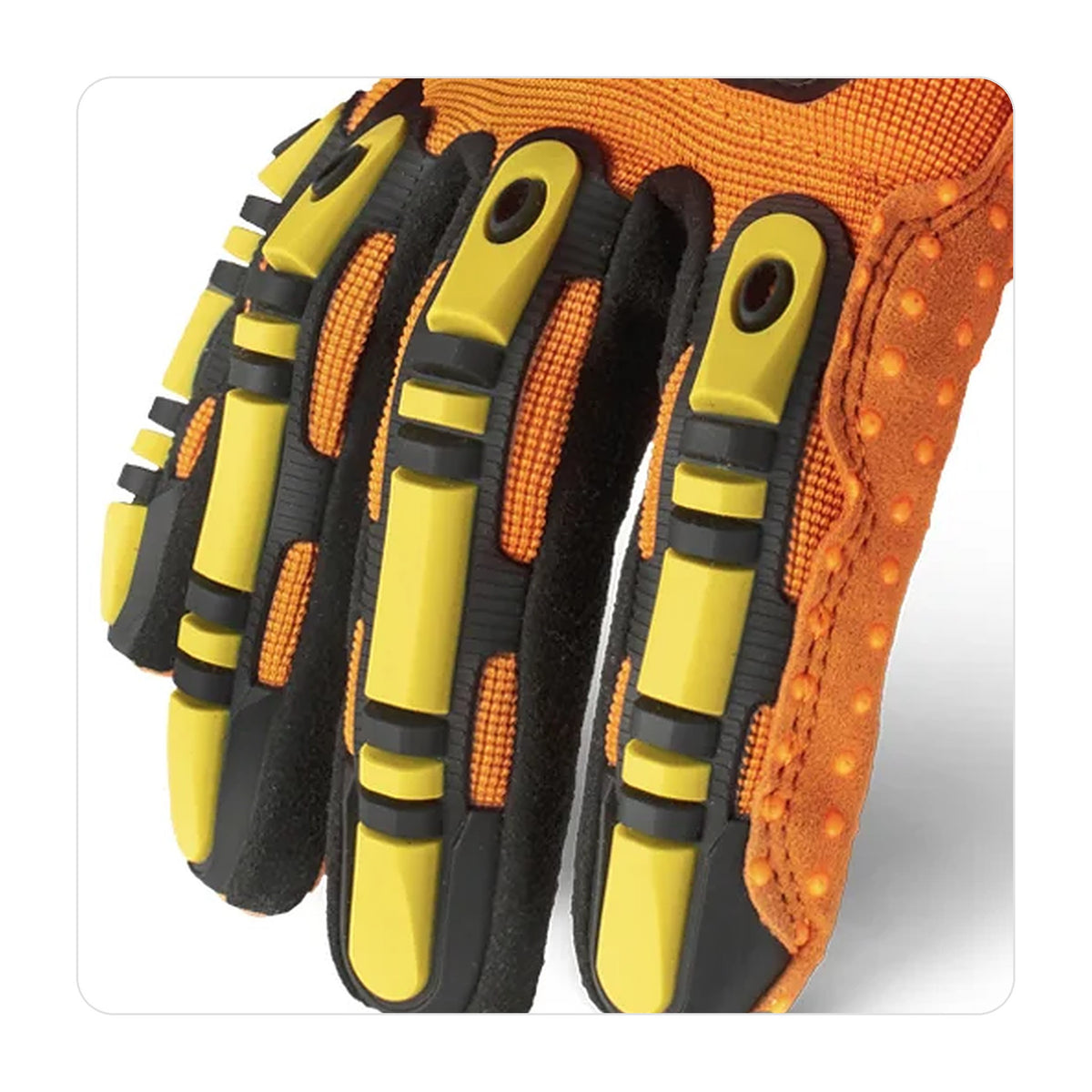 Close-up of the yellow and black TPR impact armour over the fingers of the Ironclad KONG Original glove