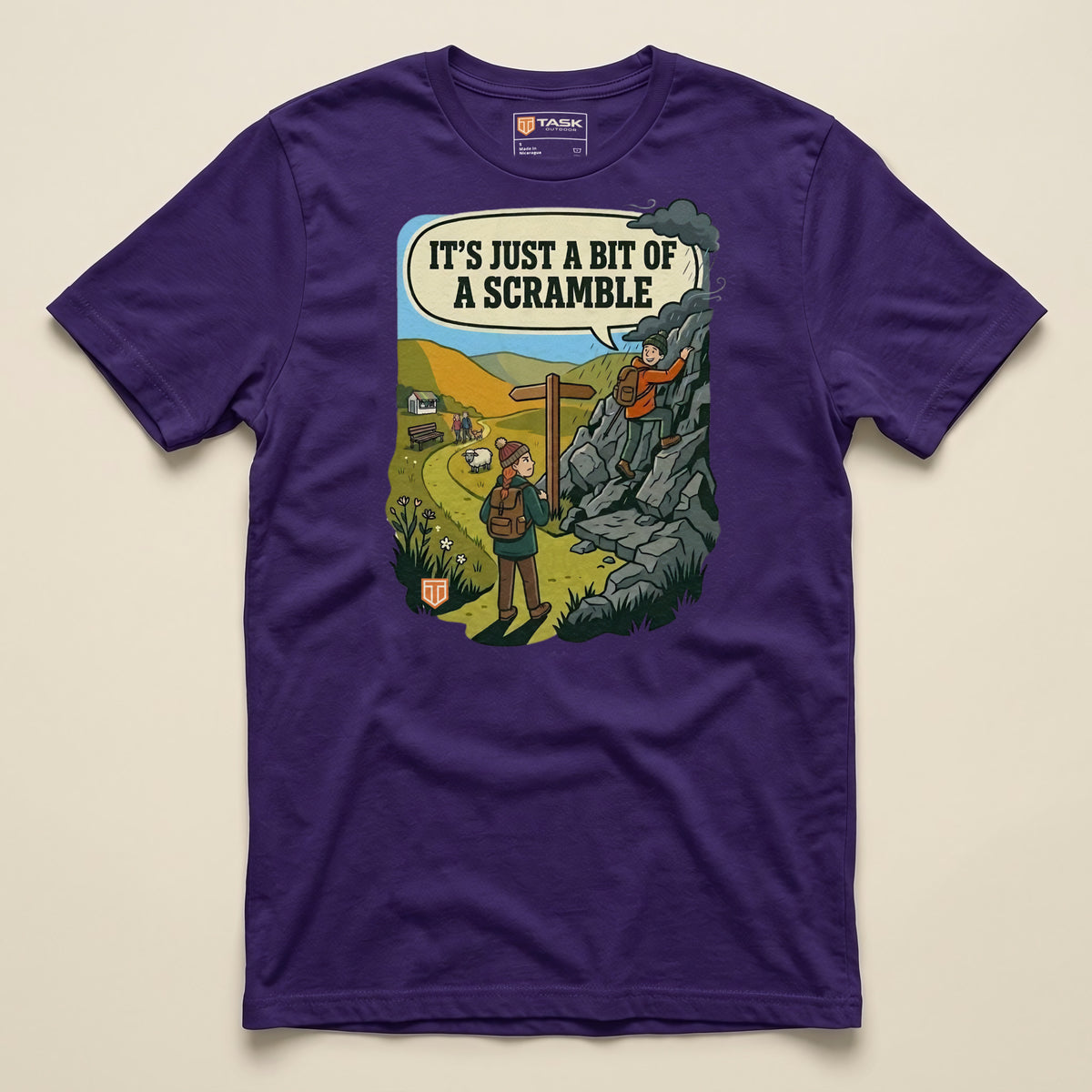 It's Just a Bit of a Scramble T-Shirt in Team Purple, laid flat, front view