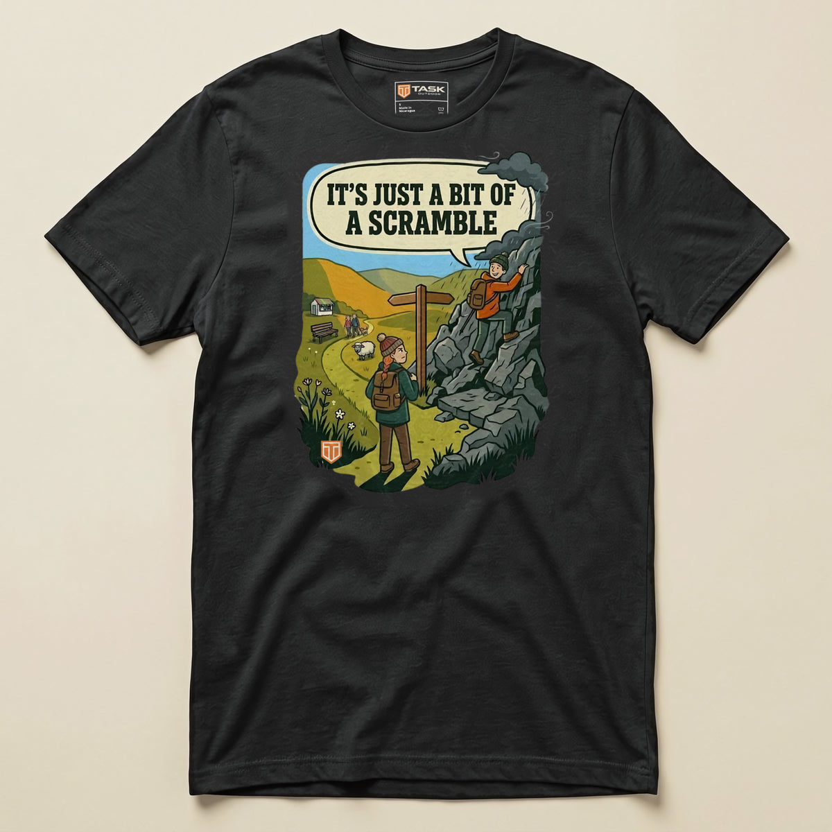 It's Just a Bit of a Scramble T-Shirt in Vintage Black, laid flat, front view