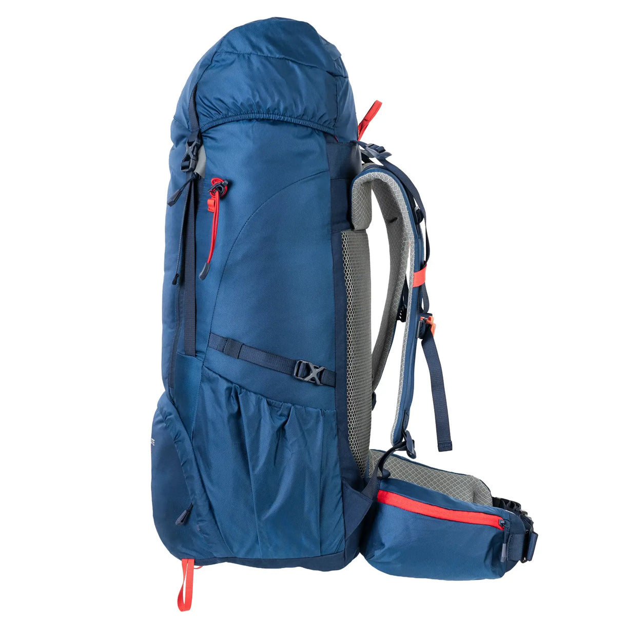 Highlander Ivar Men's Rucksack 50L - Navy Blue side profile with bottle pocket and hip fin