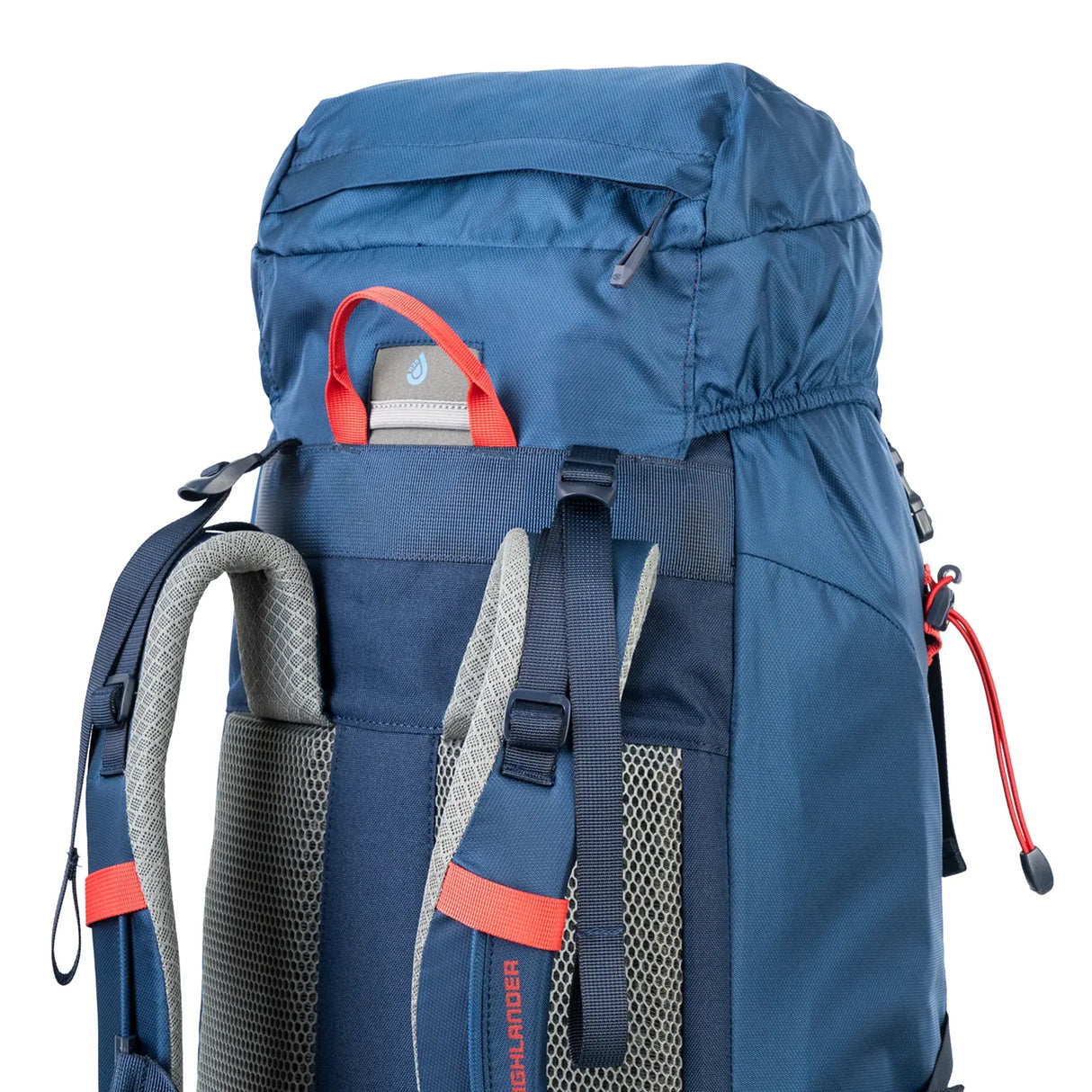 Highlander Ivar Men's Rucksack 50L - Navy Blue lid pocket and haul loop detail