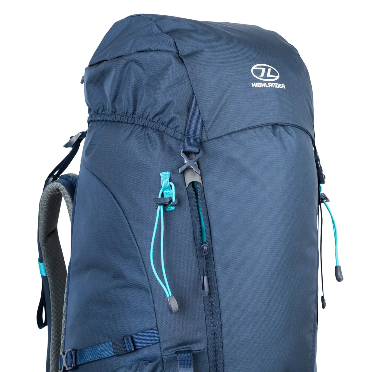 Highlander Ivar Women's Rucksack 50L - Navy Blue front upper detail with floating lid