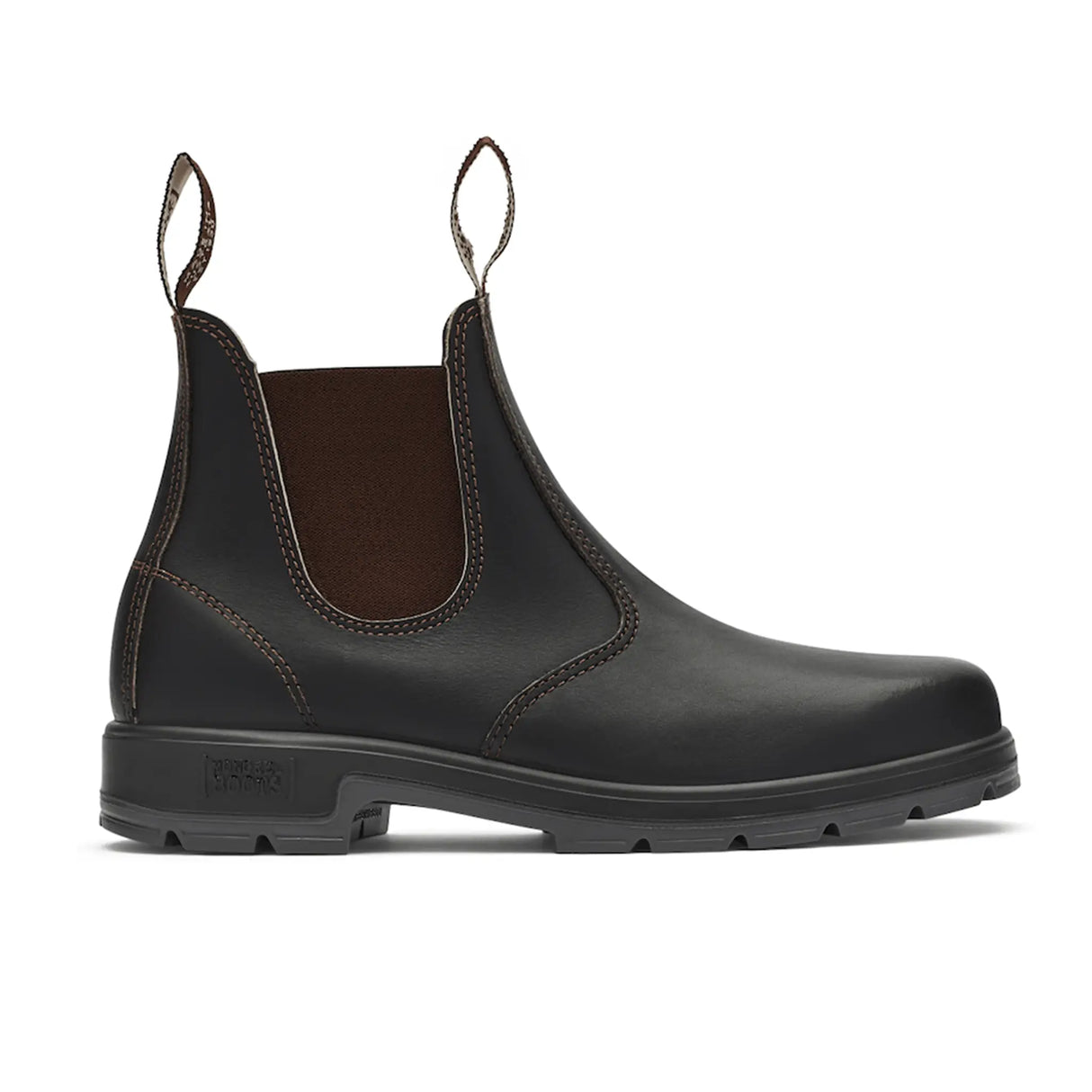 Mongrel K9 dealer boot in brown leather, side profile showing the elastic side gusset and pull-on tabs