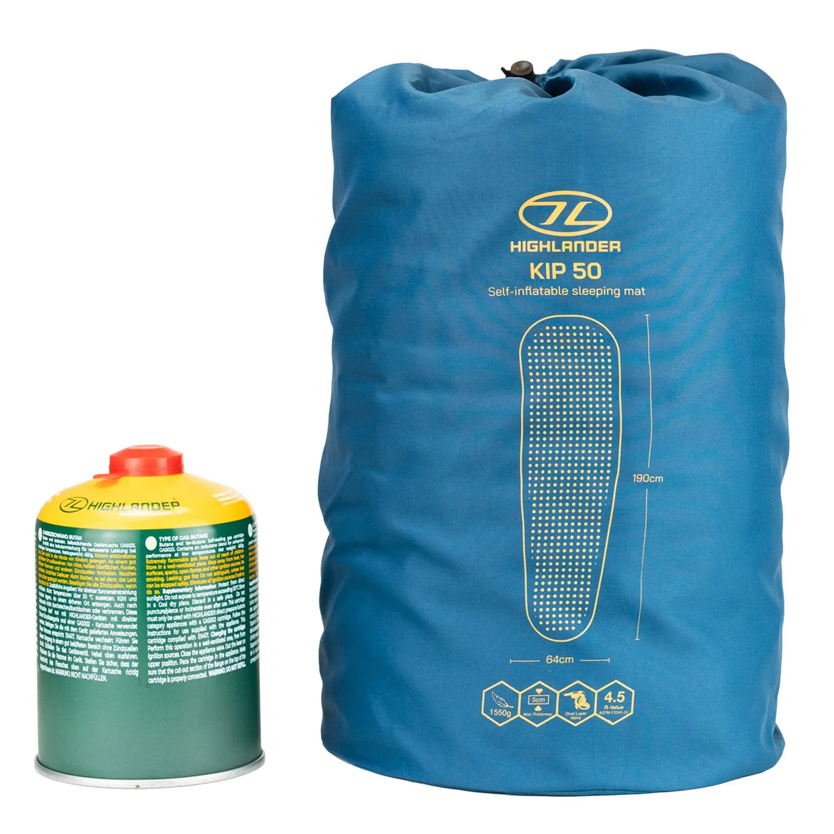Highlander Self-Inflating Kip Sleeping Mat 50mm in deep blue stuff sack size comparison