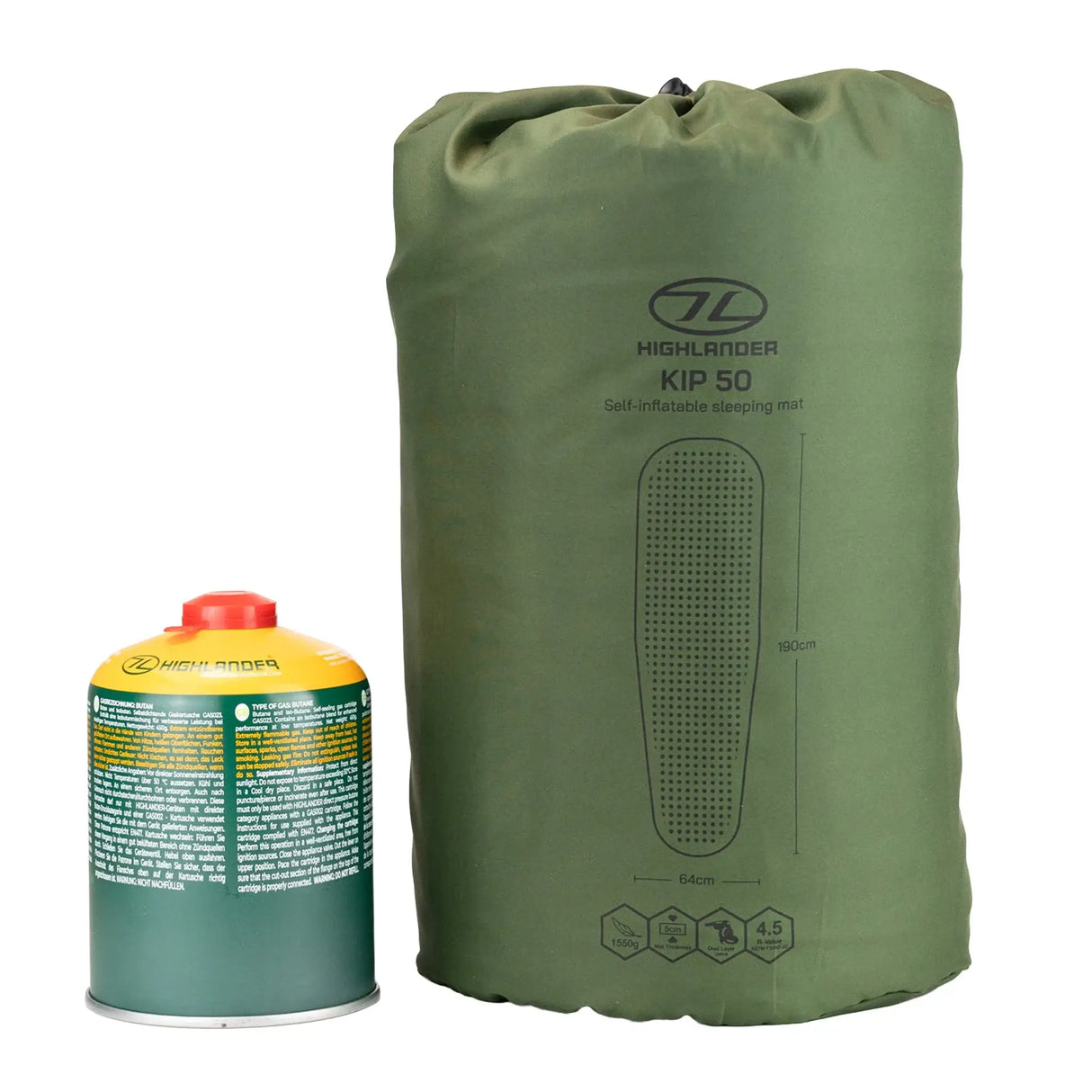 Highlander Self-Inflating Kip Sleeping Mat 50mm in olive green stuff sack size comparison