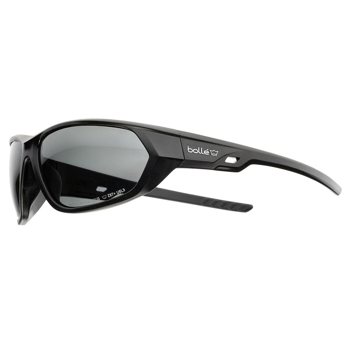 Side view of the Bolle Komet smoke safety sunglasses showing the flat ergonomic temple