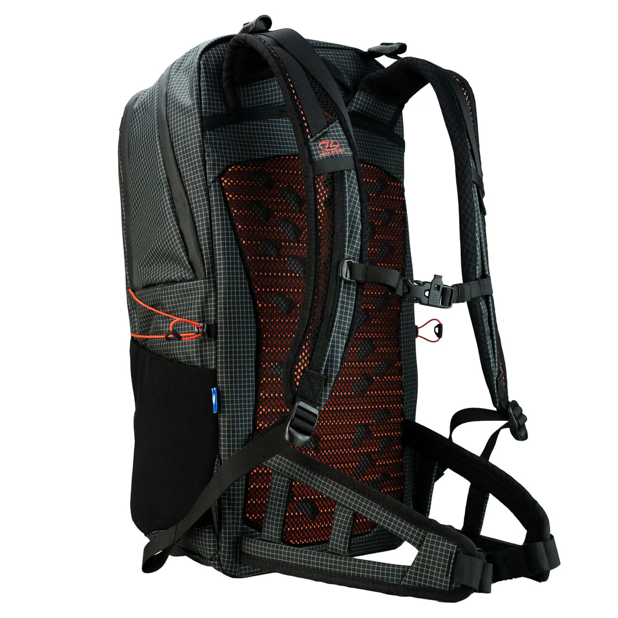 Highlander Kynetik Rucksack 25L in Black - angled rear view showing the orange airflow mesh back panel and padded harness