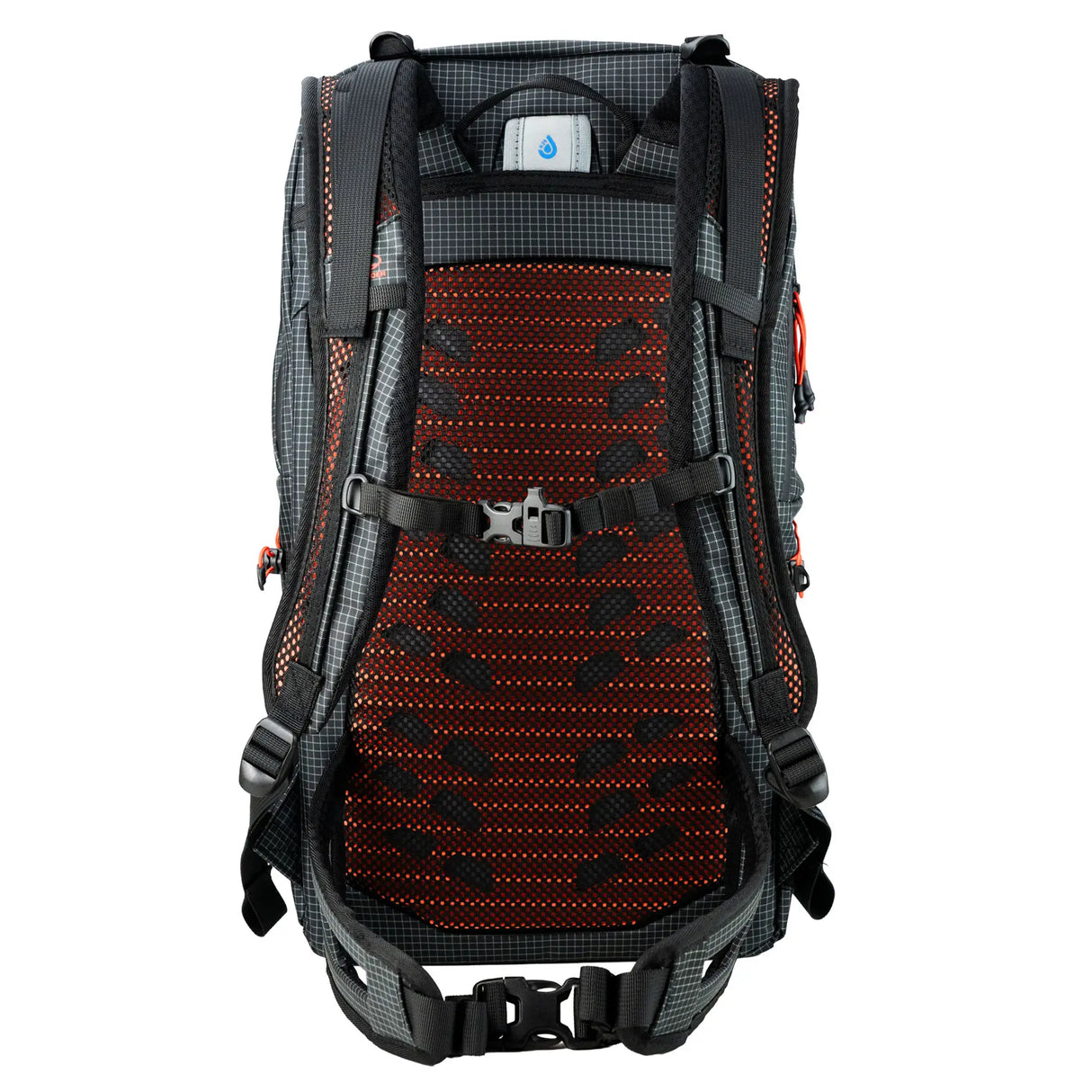 Highlander Kynetik Rucksack 25L in Black - back view with vented orange mesh panel, sternum strap and waist belt