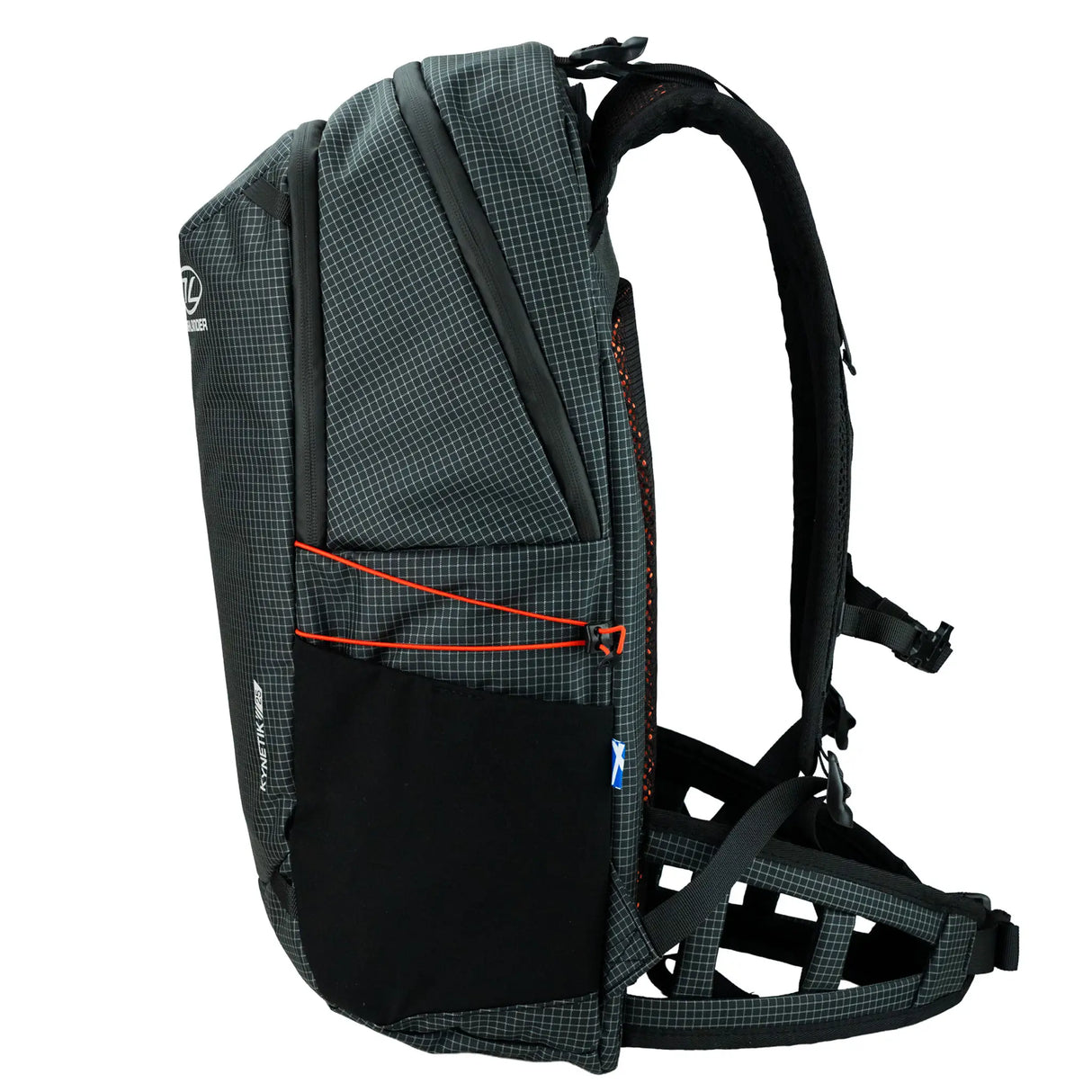 Highlander Kynetik Rucksack 25L in Black - side profile showing the stretch side pocket and bungee cord