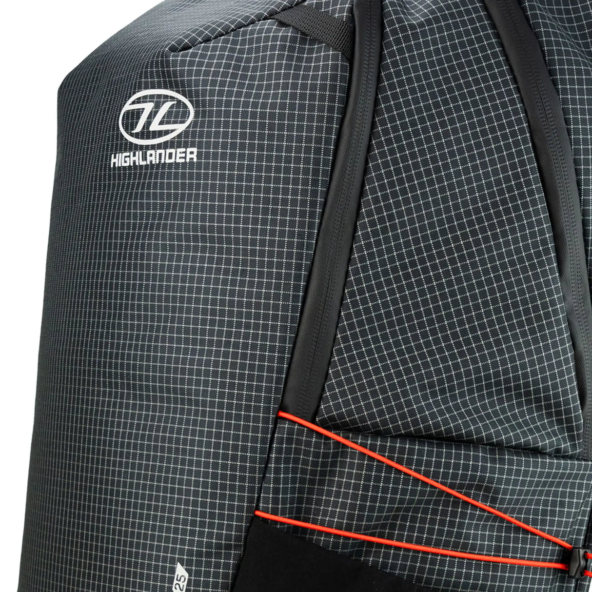 Highlander Kynetik Rucksack 25L in Black - close-up of the Highlander logo, grab handle and side compression cord