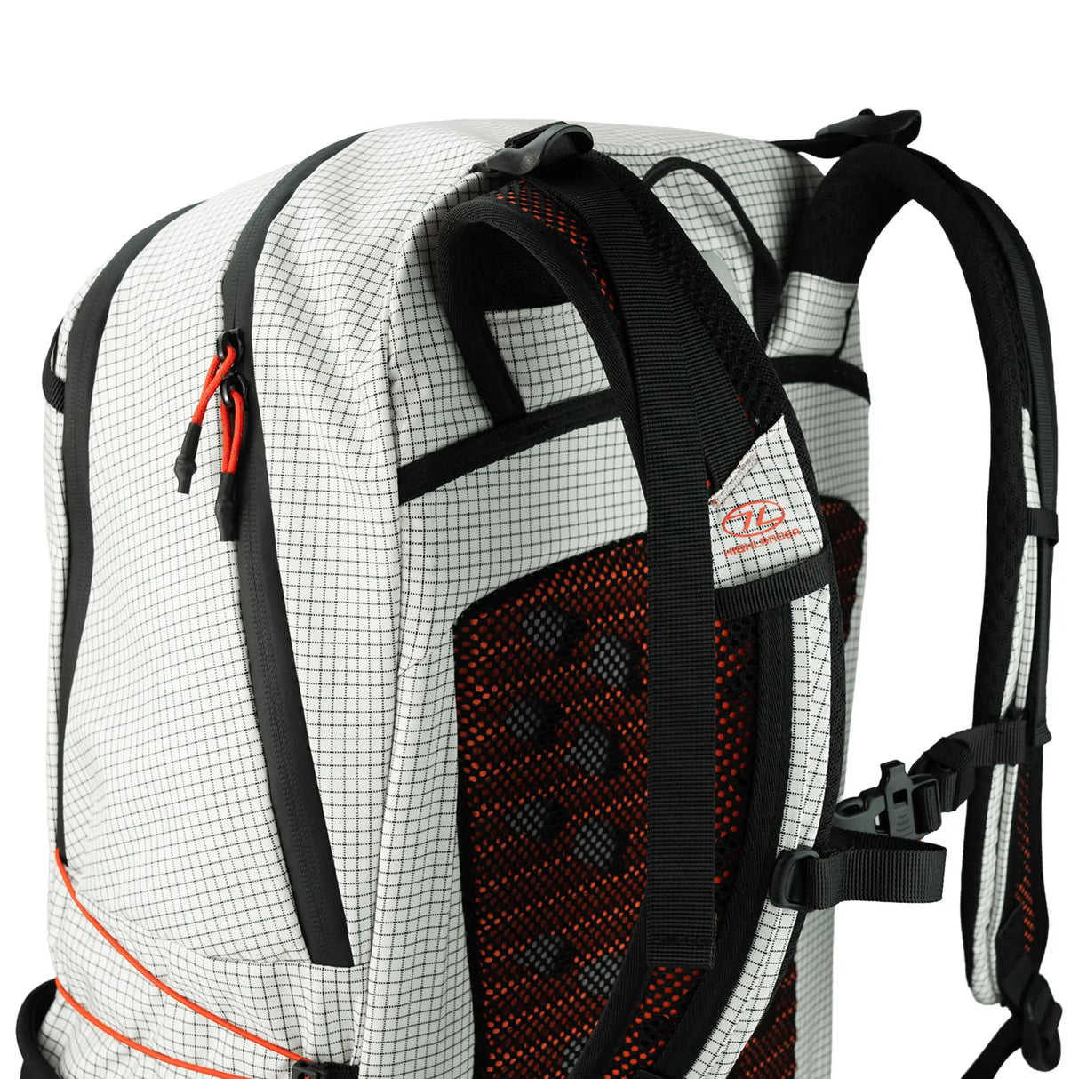 Highlander Kynetik Rucksack 25L in White - close-up of the padded shoulder straps and orange airflow mesh back panel