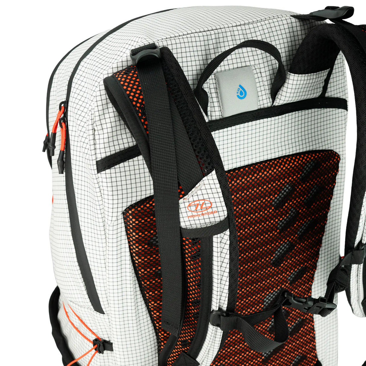 Highlander Kynetik Rucksack 25L in White - top-down view of the vented back panel, grab handle and hydration port