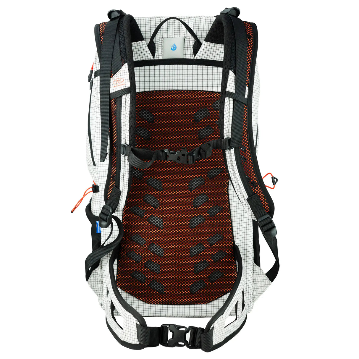 Highlander Kynetik Rucksack 25L in White - back view with vented orange mesh panel, sternum strap and waist belt