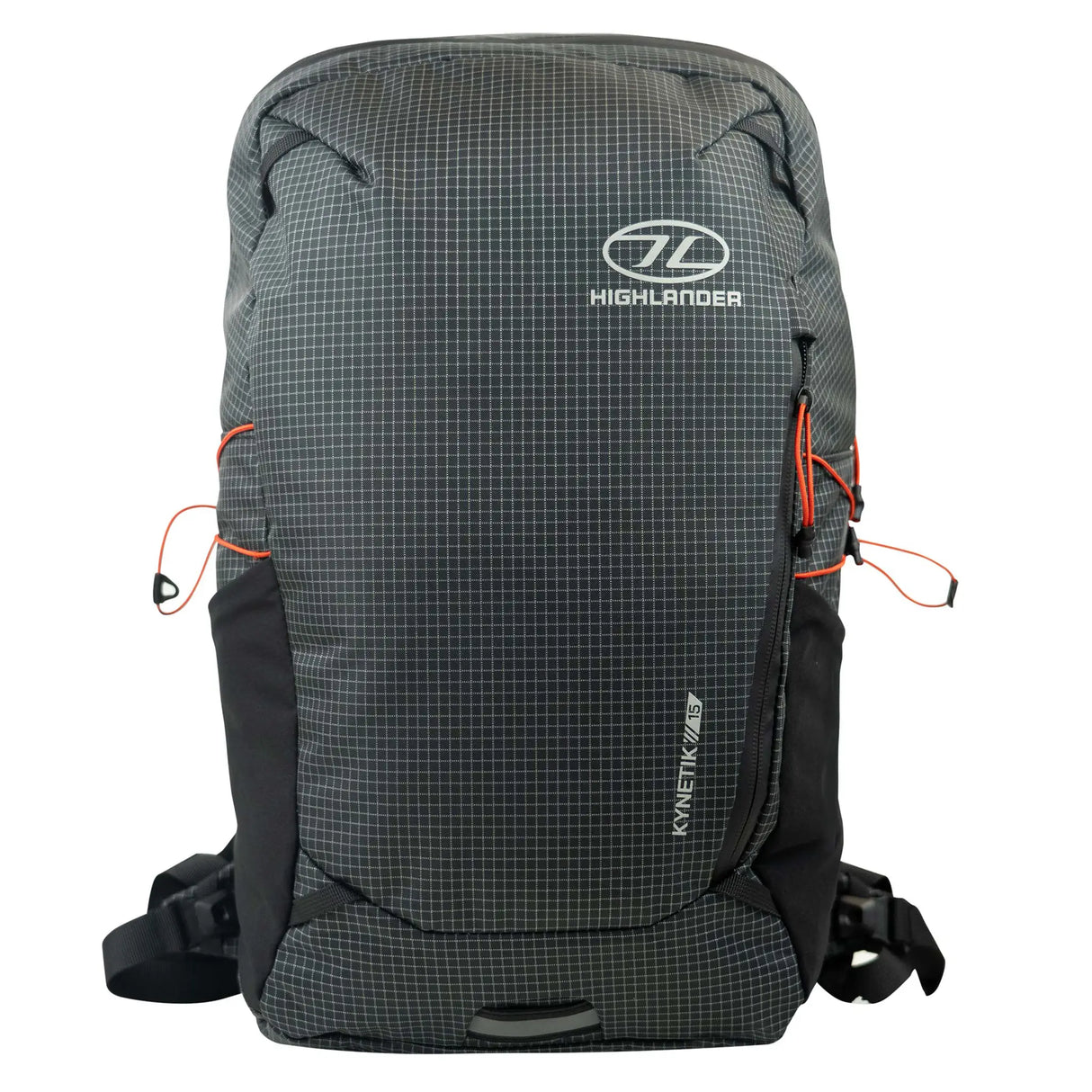 Highlander Kynetik Rucksack 15L in Black - front view with zipped front pocket and orange bungee cords