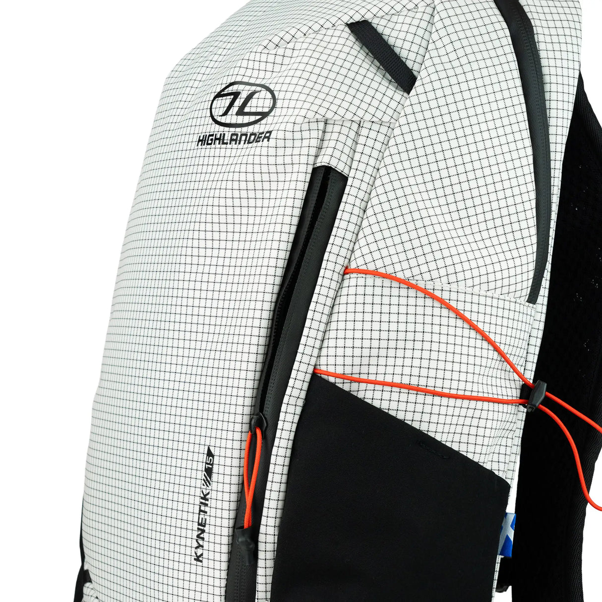 Highlander Kynetik Rucksack 15L in White - close-up of the Highlander logo, front zip and black side panel