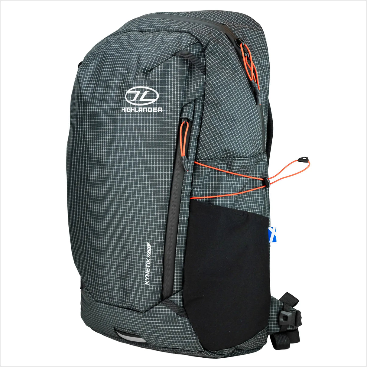 Highlander Kynetik Rucksack 20L in Black - angled front view showing the stretch side pocket and bungee cord