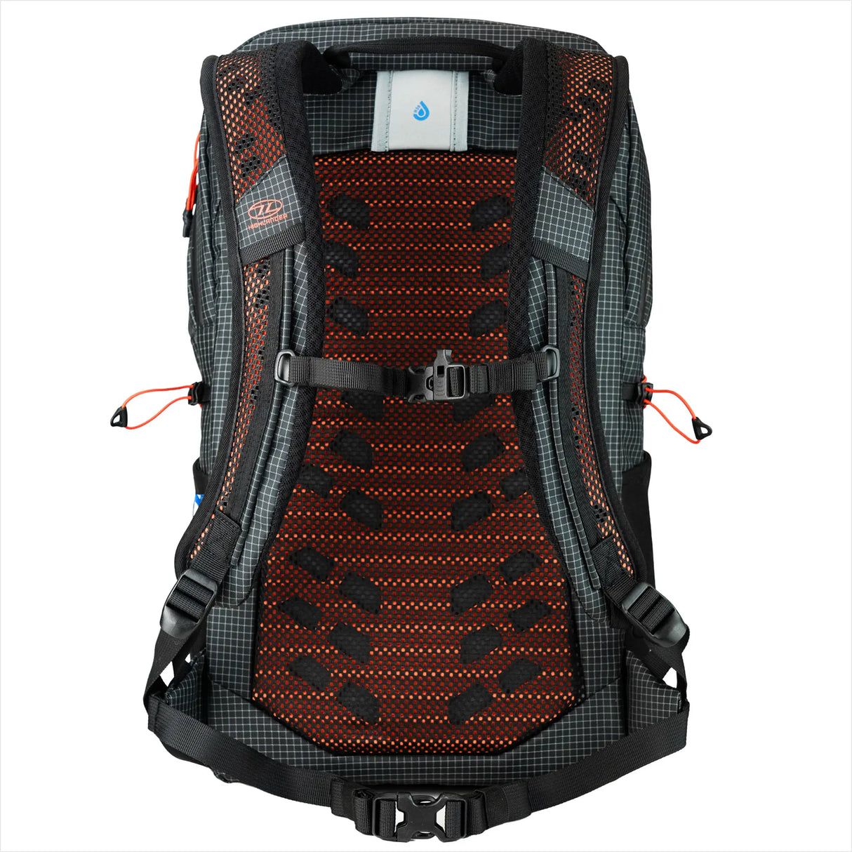 Highlander Kynetik Rucksack 20L in Black - back view with vented orange mesh panel, sternum strap and waist strap