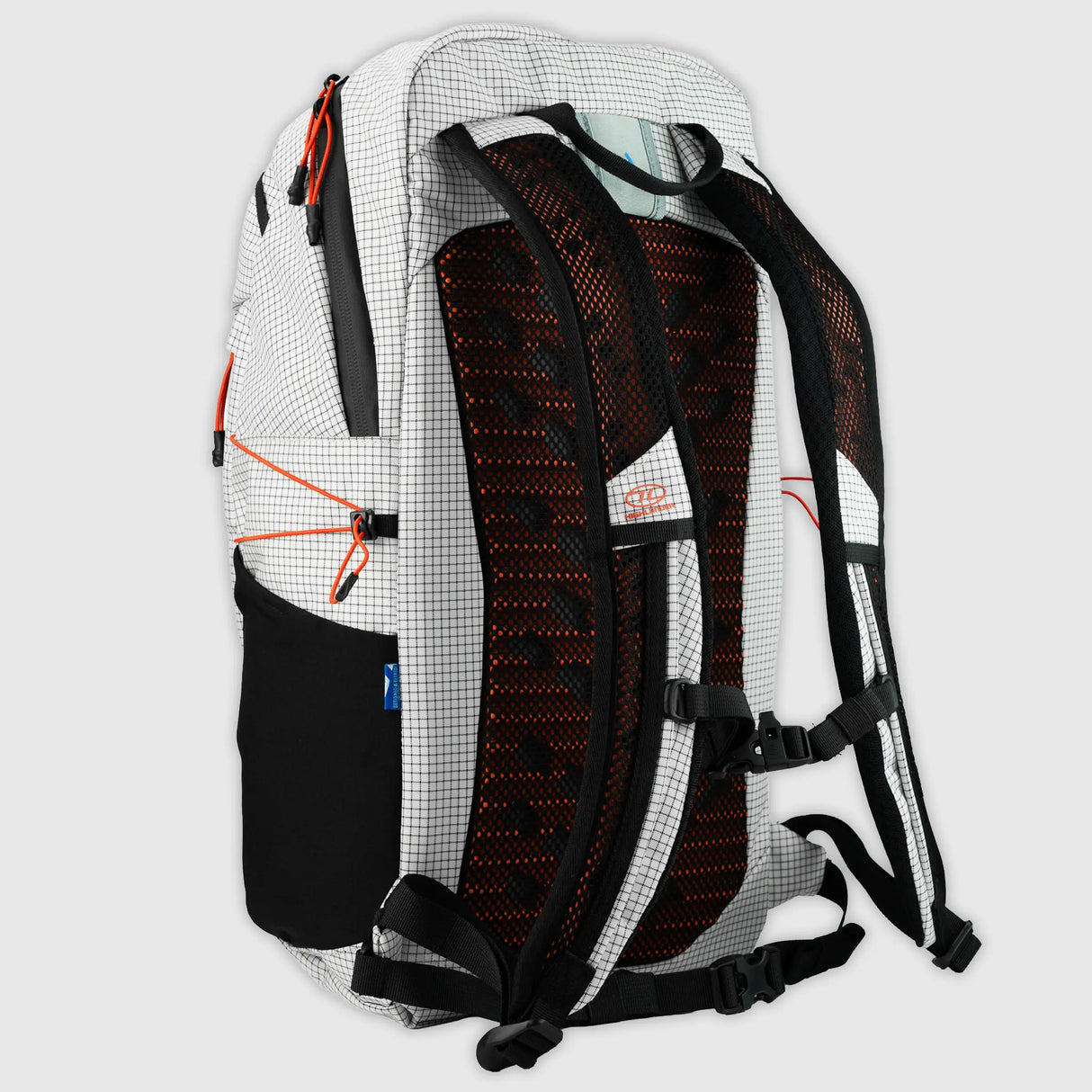 Highlander Kynetik Rucksack 20L in White - angled rear view showing the orange airflow mesh back panel