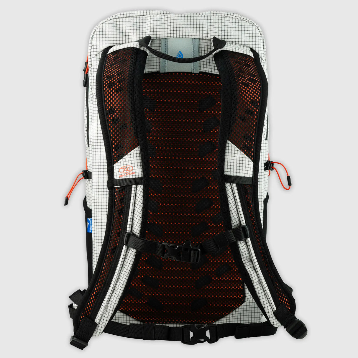 Highlander Kynetik Rucksack 20L in White - back view with vented orange mesh panel, sternum strap and waist strap