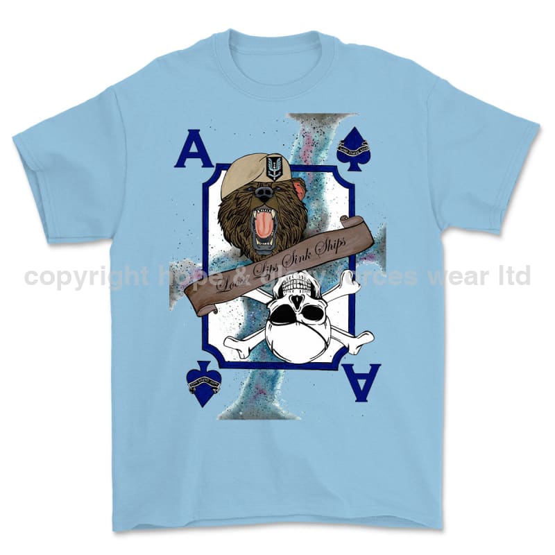 Loose Lips Sink Ships SF Playing Card Art Front Printed T-Shirt - Light Blue